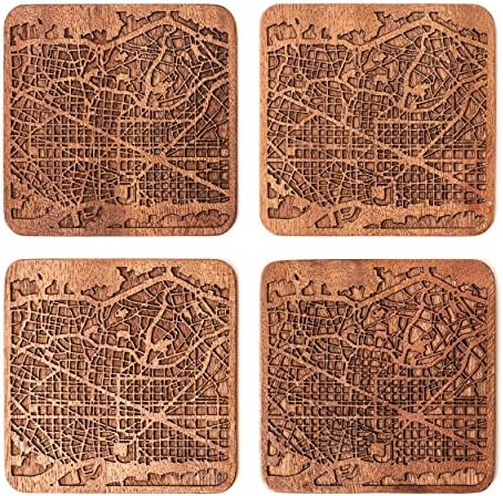 Coaster de mapa de Barcelona por O3 Design Studio, conjunto de 4, Sapele Wooden Coaster com mapa da cidade, feito à mão