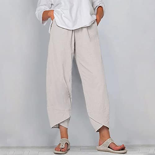 Calça de linho casual feminino zhuer calça de praia de verão elástica cintura clara de calça de ioga de perna larga e sola