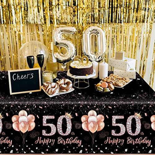 3pcs 50º aniversário Decorações de toalhas de mesa para mulheres de mesa rosa-de-rosa feminino Feliz 50 anos de festas de festa de festas Tabela Cobrir decorações de festas retangulares plásticas descartáveis
