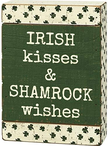 Primitivos de Kathy Irish Kisses & Shamrock Wishes Box Sign, 5 polegadas x 7 polegadas x 1,75 polegadas, verde