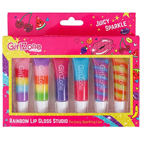 GirlZone Rainbow Fruity Lip Gloss Makeup Conjunto para crianças e meninas, Fabulous Lip Balm Set para crianças com 6 frutas brilho labial, adorável ideia de presente