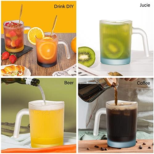 Canecas de café de vidro copos coloridas - caneca de vidro de 12 oz com conjunto de colher de 4 - copos de bebida coloridos para café, suco e água - lavadora de louça sem chumbo - ideal para casa, escritório e café