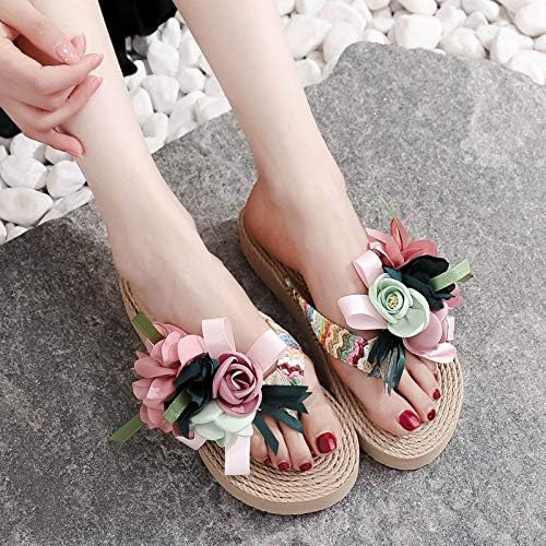Mulheres chinelas de flores sandálias em casa Sapatos de praia de chinelos respiráveis ​​planos tecem sandálias externas para