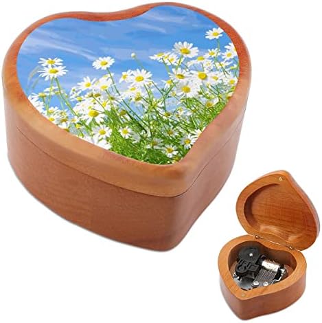 Daisy Flower Clockwork Box Vintage Wooden Heart Musical Box Toys Gifts Decorações