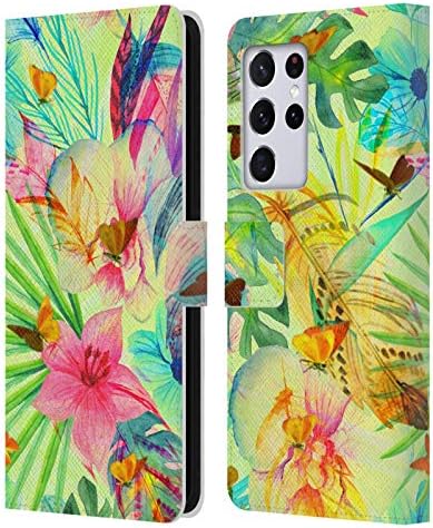 Projetos de capa principal licenciados oficialmente Haroulita Tropical Flowers Feathers Leather Book Carteira Capa compatível com Samsung Galaxy S21 Ultra 5G