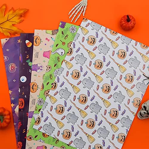 Papel de embrulho de Halloween, Pumpkin Skull Ghost Bat Cake Funny embrulhine Paper 20x28 polegadas, 10 lençóis 5 Pap papel de presente estilo com 2 fitas coloridas diferentes para meninos meninas homens homens Halloween aniversário