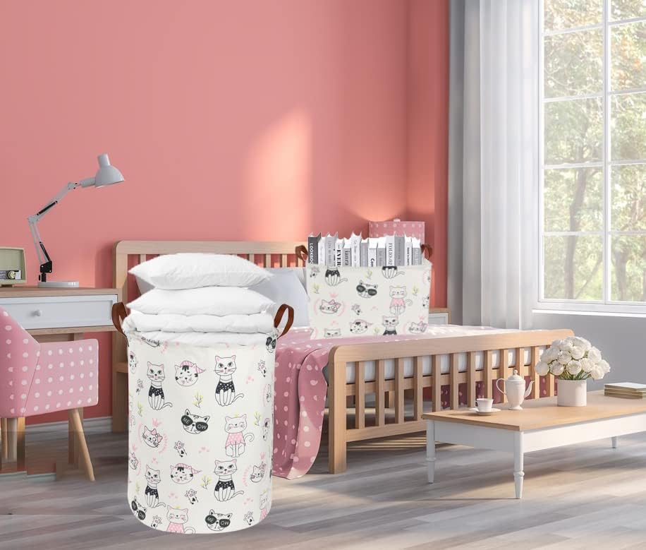 Cesta de lavanderia rosa de Sanjiaofen, cesto de garotas rosa, cesta de lavanderia de gatos, cesto de meninas para decoração da sala de crianças, cesto de roupas rosa, organizador de brinquedos, cesto de presente
