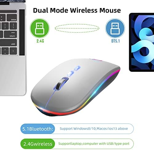 Mouse sem fio LED Hotlife, mouse silencioso Bluetooth silencioso, portátil USB Optical 2.4g sem fio Bluetooth dois modos de computador ratos com receptor USB e adaptador tipo C