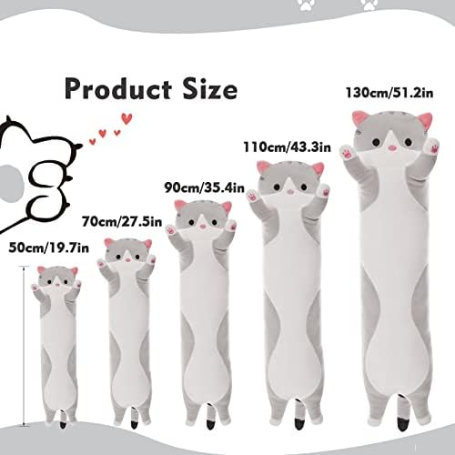 Travesseiro de pelúcia de gato longo nxnynz, 27,6in fofo gato de pelúcia bichos de pelúcia de travesseiro corporal, gatinho cinza