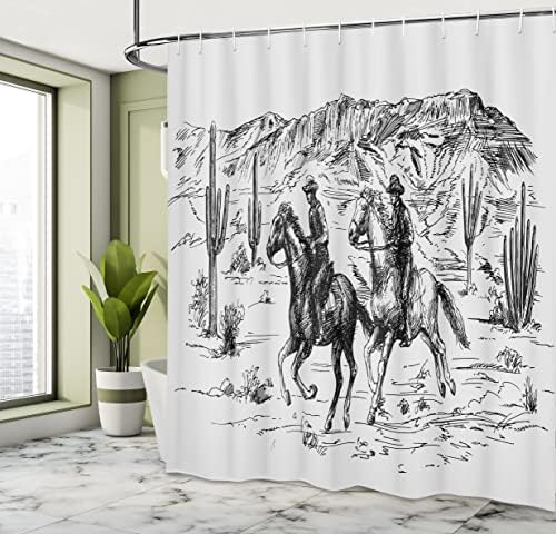 Cortina de chuveiro ocidental de Ambesonne, tema do país ilustração à mão do deserto do oeste selvagem americano com cowboys, decoração