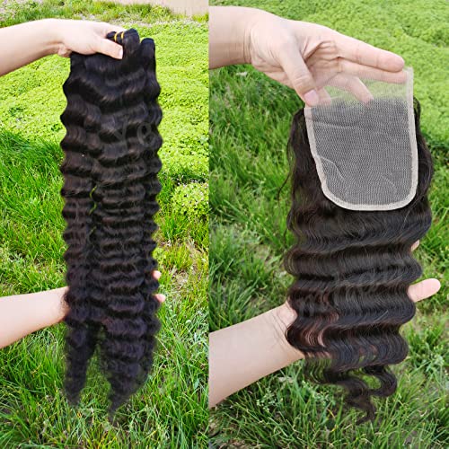 10a Cabelo humano brasileiro Pacotes de ondas profundas soltas com cabelos humanos de encerramento 3 feixes com 4x4 Fechamento de renda