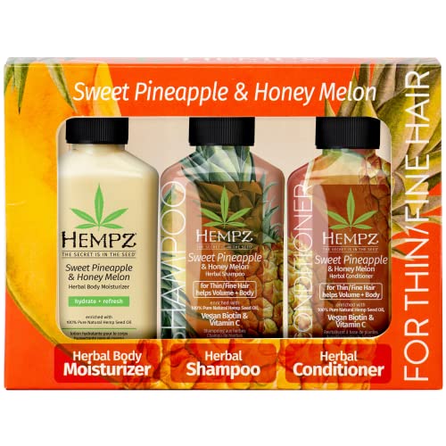 Shampoo Hempz, Condicionador e Trio de loção para o corpo - Pacote de abacaxi doce e melão de mel - Hair & Skin Care Pack, Óleo de semente