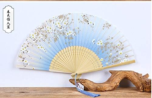Fãs dobráveis ​​de manutenção à mão, Chinease Japanese Hand Hand segurado Silk dobring Fan com moldura de bambu, azul