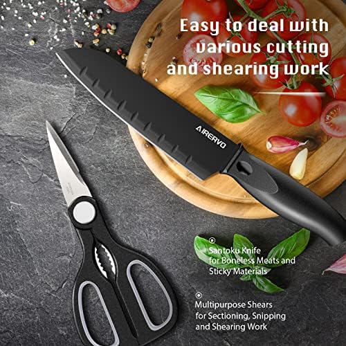 Faca de cozinha Randalfy Conjunto com bloco, 7 peças Chef Knife Set com facas, tesoura, bloco para carne/vegetais/frutas cortando, fatiando, cubos e corte