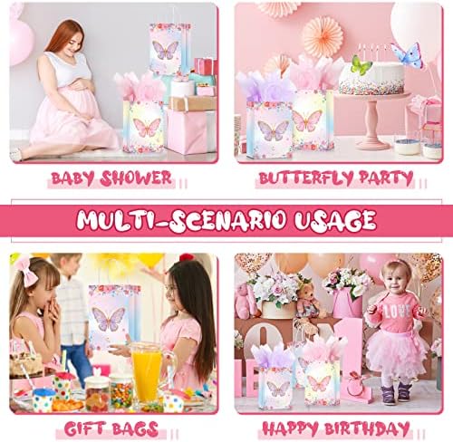 16 Set Butterfly Party Favors Godie Goodie Bags com papel de seda, flores roxas rosa Tratar sacolas de doces pequenos sacos de papel florais com alças para crianças