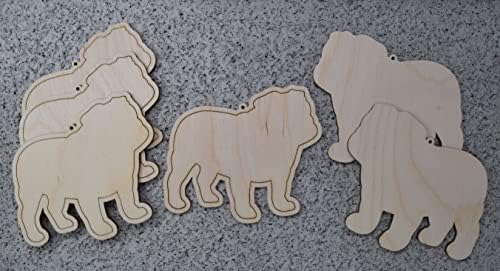 Conjunto de 6 formato de ornamento de cão de madeira inacabado de bulldog em pé - feito nos EUA - 4 polegadas de largura
