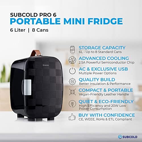 Sub -Cold Pro6 Mini refrigerador de geladeira de luxo de 6 litros / 8 latas AC e opção de energia USB exclusiva Pequena geladeira portátil para o escritório, quarto, carro, skincare e verificador de cosméticos preto preto