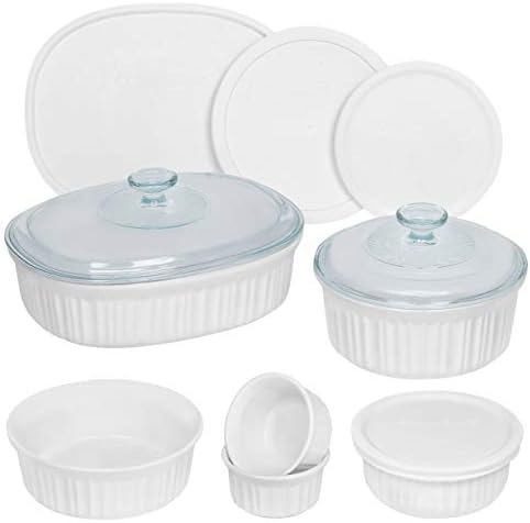 Corningware French Branco Bakeware de cerâmica de 12 pc French Set com tampas, panificação de grés resistentes a