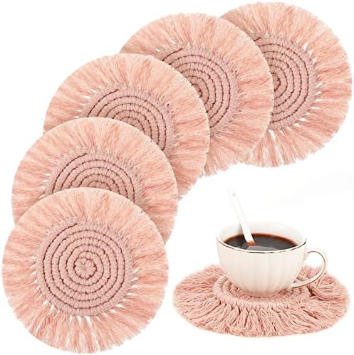 6 peças Macrames boho montanhas -russas para bebidas absorventes montanhas -russas rosa com tamel fazenda handmade redond algodão