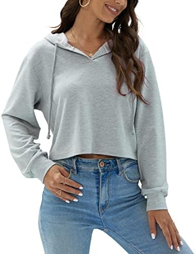 Newffr feminino de manga longa feminina Capuz Cropado Capuz Solid V Neck Workout Crop Sweatshirt Tops