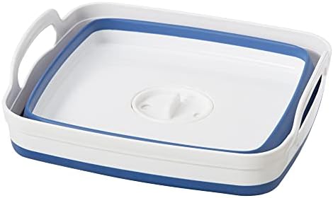 Oggi colapsível banheira de prato com rolha removível - pop -up e colapso para facilitar o armazenamento. Cor - azul/branco. Capacidade - 2,4 gal /9 litros