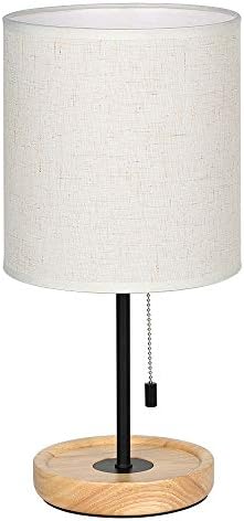 Lâmpada de mesa moderna, lâmpada de mesa de mesa, lâmpada de cabeceira com base de madeira e sombra de linho para