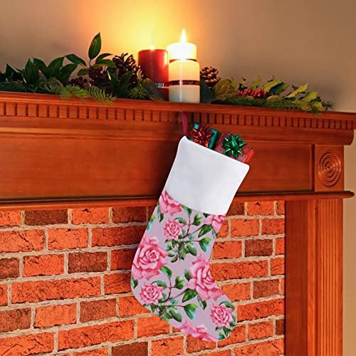 Pink Rose Christmas Stocking Chas Tree Larored Hanging Meocks com decoração de punho de pelúcia curta para festa de férias em