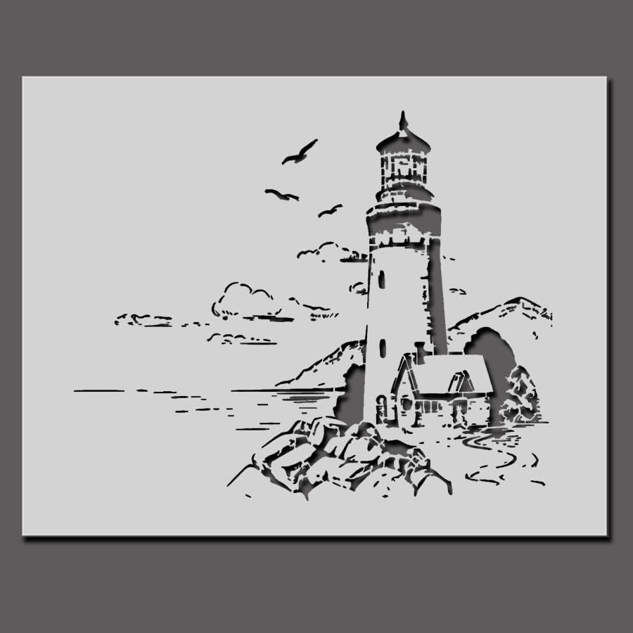 Lighthouse & Cottage Stencil | Cena costeira Decoração de arte na parede náutica | Grande estêncil de pintura para paredes, móveis, pisos, tecidos