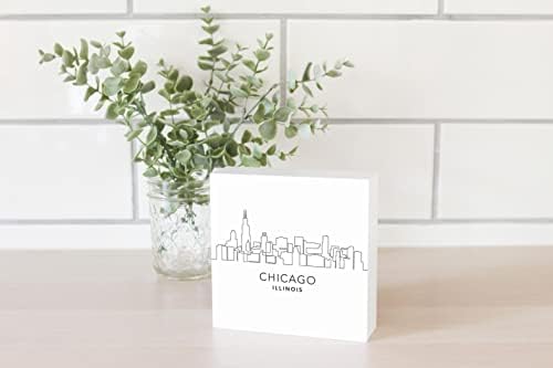 Skyline minimalista de B&W Illinois Chicago, decoração de casa de Joyride, placa de madeira, 5 x5 livrending, prateleira ou parede exibida, decoração de casa projetada por artistas.