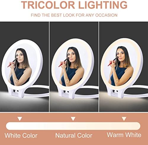 Espelho dobrável de mesa de dupla face - espelho de ampliação iluminada recarregável 10 x e 1x ， 3 cores luz - alça dobrável ajustável