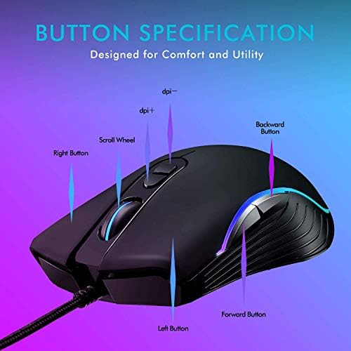 Mouse de jogos Lycander, camundongos USB ópticos com fio com DPI ajustável até 6400, 7 botões, LED, cabo de 1,5 m - LMC380, Rainbow Black LMC380