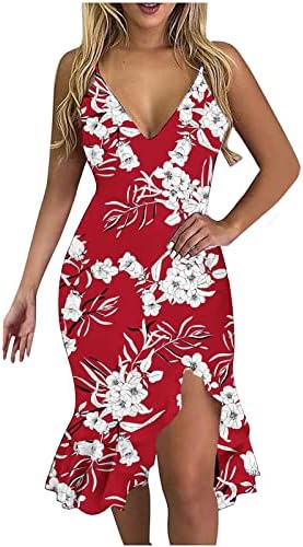 Vestidos de verão para mulheres estampas florais casuais Spaghetti Strap V Dress Ruffle Midi Beach vestido de praia