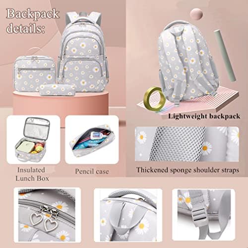 YJMKOI 3PCS Daisy Prints Backpack for Girls Middled School Elementary Facag Set com lancheira