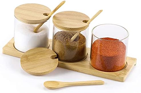 Jarros de condimentos mdluu com tampas e colheres de bambu, caixa de tempero com bandeja de bambu, recipientes de especiarias para açúcar,