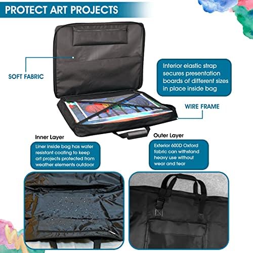 Caso de portfólio de arte 24 x 36 polegadas com 12 colorido conjunto de lápis e tampa de apontador - bolsa de portfólio de arte leve grande com alça de ombro e alça de transporte - bolsas de armazenamento de arte para artistas - bolsa de armazenamento de pasta de arte preta