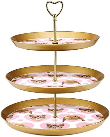 3 Placa de fruta de cupcakes de 3 camadas de sobremesa Plástico para servir suporte de exibição para casamento de aniversário Decorações de chá de chá de chá de bebê redondo, padrão de gato rosa