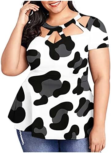 Tops de primavera e verão para mulheres moda em v maior tamanho de vaca larga e confortável tampos de manga curta #