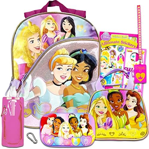 Avanço rápido Disney Princess Mackpack com lancheira Conjunto - Disney Princess Backpack For Girls Pacote com lancheira, garrafa de água, adesivos, mais | Disney Princess School Supplies