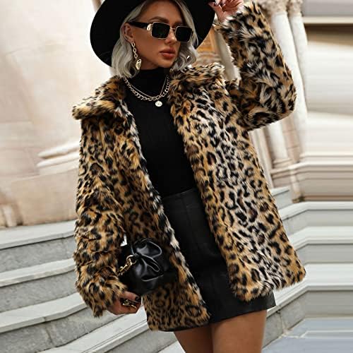 Casaco de leopardo da moda Narhbrg para mulheres, o sobretudo e o sobretudo de casaco difuso de moda falsa de peles fofas para cardigã térmico sobretudo