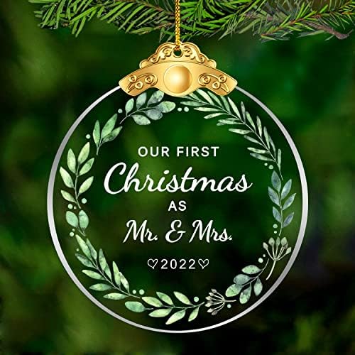 NURIONS Nosso primeiro Natal como Sr. e Sra. 2023 Glass Ornament, nosso primeiro ornamento casado de Natal 2023, Presentes de decoração de Natal para casais para casais recém -casados ​​- 2,75 Ornamento de vidro Ouro
