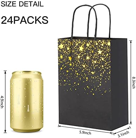 Sharlity Small Black Gold Gold Gift Sachs 24pcs Sacos de papel com alças para decorações de aniversário, casamento, noiva, preto e dourado