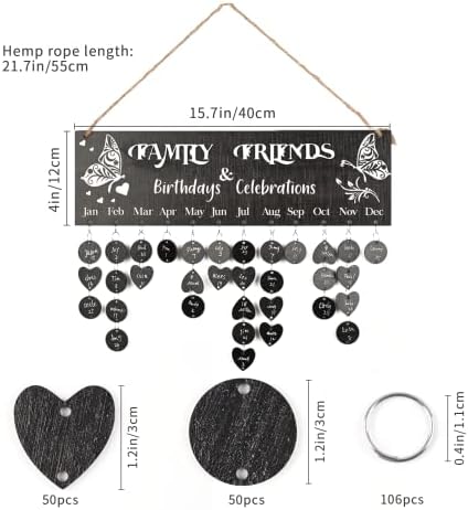 DIY Wooden Family Birthday Lembrete Board de calendário com 100 tags de madeira, presentes de aniversário para mamães da vovó, tábua de suspensão de parede de madeira, sala de aula de parede para amigos e escritório decorativo