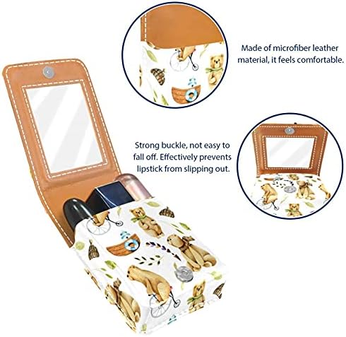 Caixa de batom de maquiagem portátil para viajar, Bears fofos Biciclo Mini Lipstick Storage Caixa com espelho para mulheres mulheres, bolsa cosmética de couro