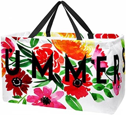 Bolsas de supermercado reutilizáveis, flores de verão em aquarela, bolsa de compras de reciclagem leve com alça para mantimentos