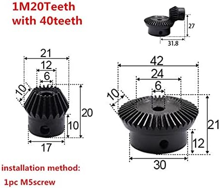 ZhengGuifang ZGF-BR 1: 2 engrenagem chanfrada 1Modulus 20teeth + 40T Hole interno 6mm 90 graus comutação de comutação de aço engrenagens de aço parafuso M5