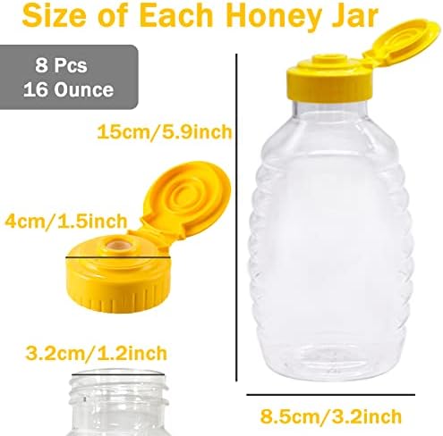 8 PCs 16 oz de mel de mel, garrafas de mel de plástico transparente, suporte de garrafa de garrafa de mel de mel em vazão