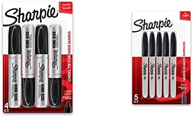 Marcador permanente de tamanho permanente de tamanho King Sharpie ponta grande, ótima para placas de pôsteres, preto, 4 contagem e marcador permanente de Sharpie, ponto fino, preto, pacote de 5