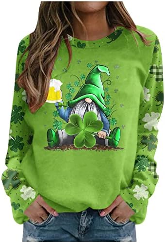 Oplxuo Mulheres St. Patricks Dia do shamrock Sweatshirt Raglan manga engraçada Gnome Clover Impressão Jumper Irish Crew Polhtover Tops