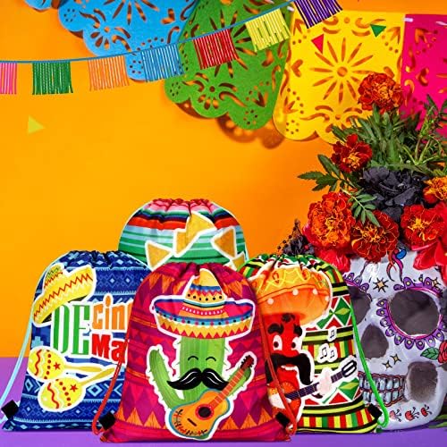 16 PCS Partido mexicano Fiesta Favor Bags Taco Party Favors Bags Cinco de Mayo Goodie Sacos de doces mexicanos Saco de presente de cordão mexicano para crianças com tema mexicano Fiesta decoração de casamento