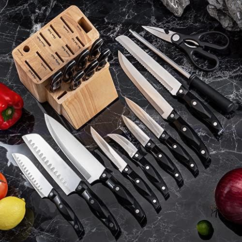 Conjunto de faca de Wodillo, 19 peças Faca de cozinha conjunto com bloco de madeira, conjunto de faca de chef de aço inoxidável